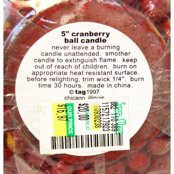 NWT VINTAGE 1997 5" CRANBERRY BALL HOLIDAY CANDLE RED & GREEN CHRISTMAS - Picture 9 of 9